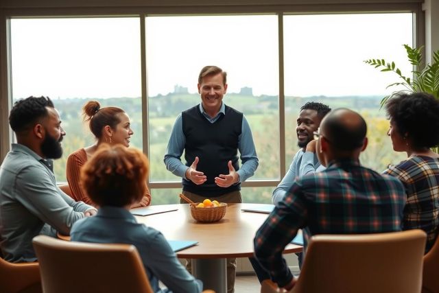 The image shows a professional meeting in an office setting. There is a diverse group of six individuals seated around a conference table, engaged in conversation. A man stands at the head of the table, possibly leading the discussion or presentation. The room has large windows that let in natural light and overlooks what appears to be a city skyline in the distance.