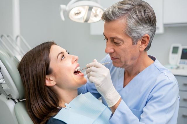 Dentist in gloves examining a patient's open mouth during a dental check in a bright clinic room.