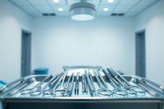 Surgical instruments neatly arranged on a stainless steel tray in a sterile operating room. The image features a bright, cool blue color palette and a blurred background suggesting a medical facility setting. Focus on surgical tools, healthcare, and medical equipment.