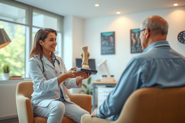 Doctor explains anatomy to patient using a bone model in a medical office setting. Healthcare professional demonstrating a medical condition or treatment.