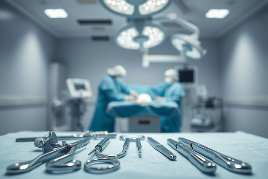 Surgical scene with medical instruments in foreground and blurred operating room background. Stainless steel tools, surgical lights, and doctors in scrubs suggest a medical procedure. Blue and gray color palette. Healthcare, surgery, operating theater.