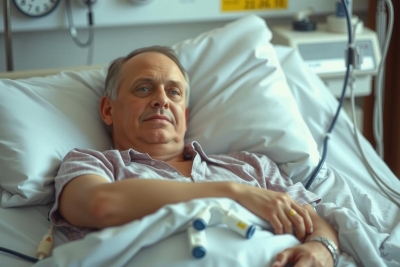 A man in a hospital bed, looking towards the camera with a slight smile. He is wearing medical monitoring equipment, suggesting he may be recovering from an illness or surgery.