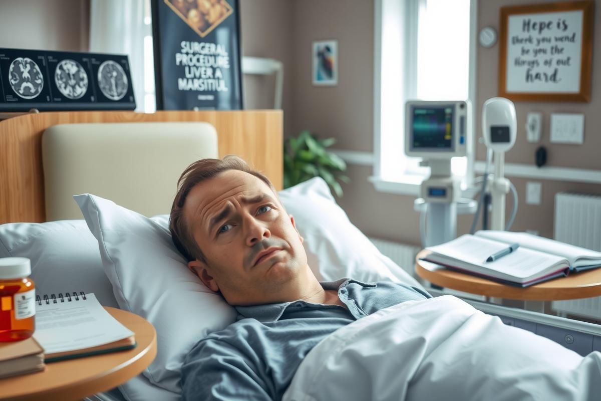 A man in a hospital bed looking concerned. The room is equipped with medical equipment and the atmosphere suggests a healthcare facility.