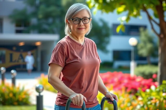 The image features a woman with grey hair, wearing glasses and a red t-shirt. She is pushing a walker or rolling walker with one hand. The background suggests an outdoor setting with potted plants and a building behind her.