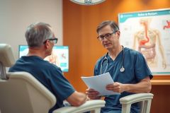 Doctor in scrubs reviewing patient paperwork in a medical office. The scene includes a chart on the wall depicting anatomical diagrams, highlighting a healthcare setting.