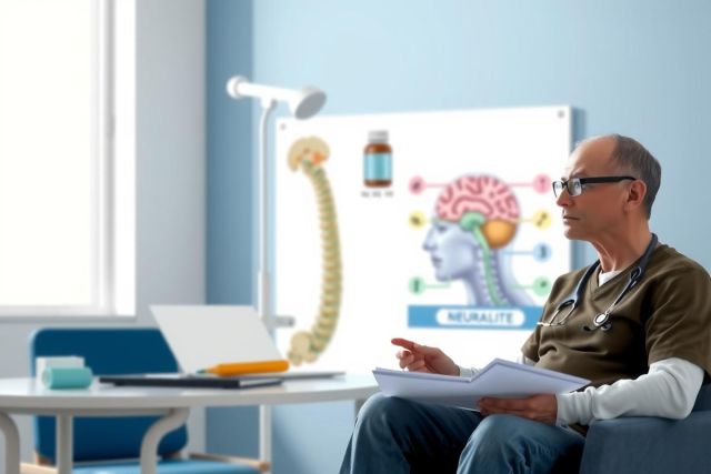 The image features a medical professional, likely a doctor or nurse, sitting in an office environment. The person is wearing glasses and has a laptop on the desk in front of them.