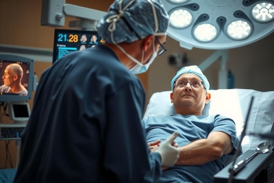 A medical setting with a patient on an operating table. The environment suggests a sterile operating room, and the surgical team is dressed in scrubs and surgical gowns, indicating a high level of professionalism and medical preparedness.