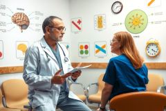 The image depicts a medical setting with two individuals. A doctor, identifiable by the stethoscope around his neck and the professional attire, is seated facing a patient who appears to be discussing her health concerns.