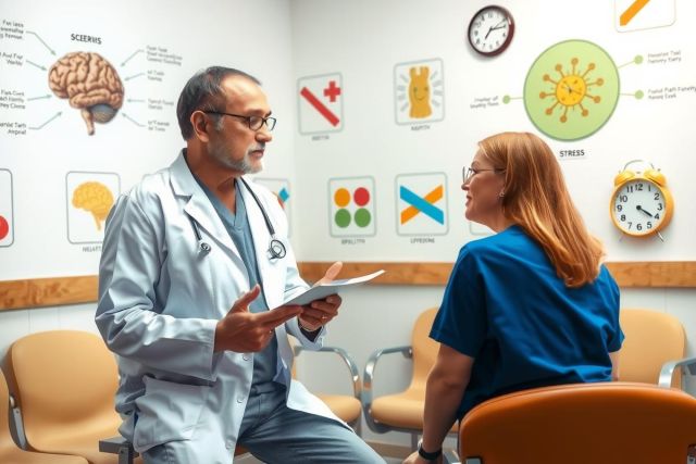 The image depicts a medical setting with two individuals. A doctor, identifiable by the stethoscope around his neck and the professional attire, is seated facing a patient who appears to be discussing her health concerns.