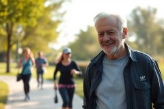 Smiling senior man in a park with blurred background of people jogging. Green trees and path create a vibrant outdoor fitness scene. Healthy lifestyle, active aging, and park recreation imagery.