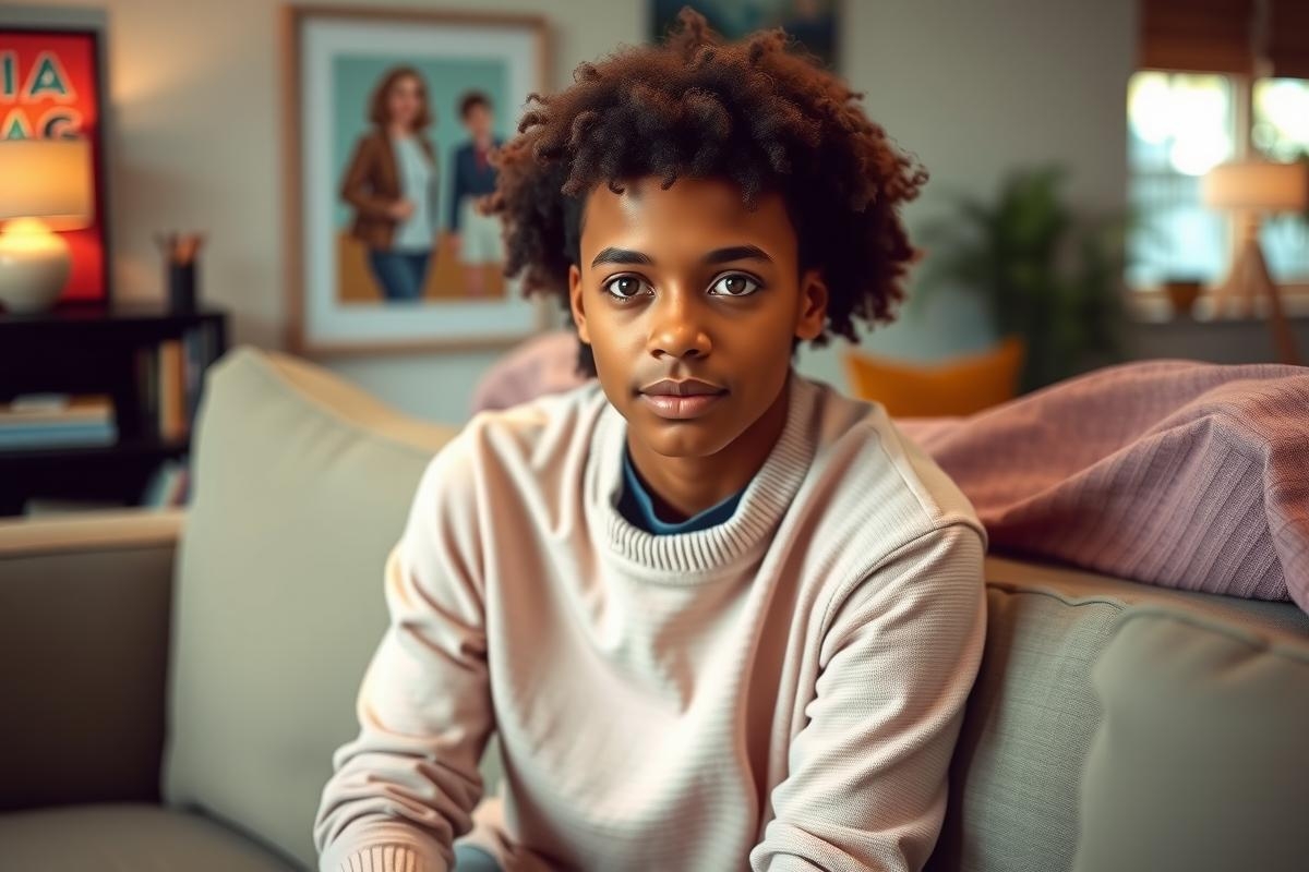 The image features a young adult male seated on a couch in an indoor setting. He has curly hair and is wearing casual clothing. The room has a modern and comfortable vibe with various artworks hanging on the wall behind him.
