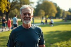 Smiling senior man in a dark shirt stands in a sunlit park. Lush green grass and trees create a vibrant outdoor setting. People exercising in the background suggest a healthy lifestyle and active retirement.