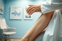 Doctor in a light blue examination room. A medical professional wearing a white coat sits with hands clasped, suggesting a consultation. Charts and medical graphs adorn the walls. A patient's chair is visible, indicating a clinical setting. Healthcare, doctor, clinic, medical.