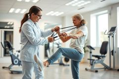 Physical therapy session in a bright gym. A therapist assists a patient with leg exercises using resistance bands. Focus on rehabilitation, fitness, and senior health in a modern, well-lit environment with exercise equipment visible.