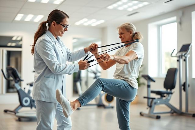 Physical therapy session in a bright gym. A therapist assists a patient with leg exercises using resistance bands. Focus on rehabilitation, fitness, and senior health in a modern, well-lit environment with exercise equipment visible.