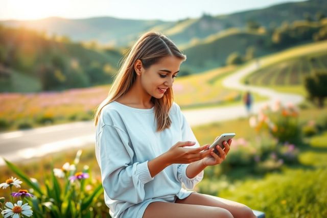 Image features a woman sitting on the grass in a park, looking at her phone. She is wearing a casual white top and seems to be enjoying her time outdoors. The environment around her includes beautiful greenery and flowers, suggesting a sunny day with pleasant weather.