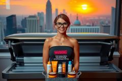 A woman wearing glasses and a black apron is sitting at a table with skincare products. She is smiling while holding the items. The city skyline is visible in the background during sunset, highlighting warm colors of the setting sun.