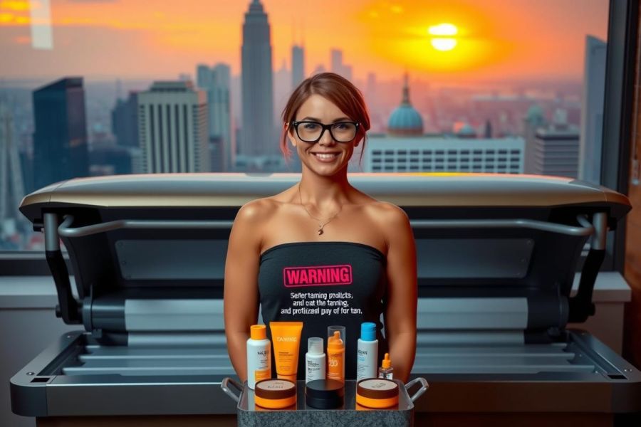 A woman wearing glasses and a black apron is sitting at a table with skincare products. She is smiling while holding the items. The city skyline is visible in the background during sunset, highlighting warm colors of the setting sun.