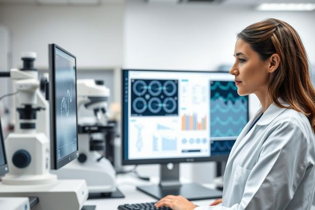 Scientist in a modern laboratory analyzing data on computer screens. The image features microscopy equipment, graphs, and a woman in a lab coat, suggesting scientific research and analysis in a clean, white environment. Focus is on data visualization and laboratory technology.