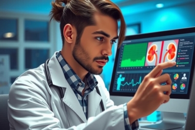 A man in a lab coat looking at a medical monitor displaying heart images. He is pointing at the screens with his hand, focusing on patient data as part of healthcare analysis.