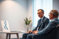 Two professionals in suits discuss genetics in a modern office setting. A DNA double helix graphic sits on a table, suggesting a focus on biotechnology, science, and research. The image features a clean, bright environment with cool blue and gray tones.