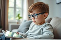 A young boy with red hair and glasses intently uses a tablet while sitting on a comfortable grey couch in a bright living room. Focus on technology, childhood, and home learning. Natural light and cozy atmosphere.