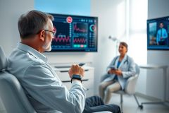 Patient consults with a doctor via telehealth in a modern clinic. A monitor displays vital signs data, while another shows a remote specialist. Focus on healthcare, remote medicine, and technology in a bright, clean environment.