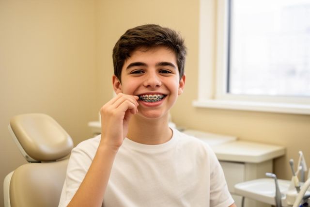 Smiling teenage patient in a dental chair pulling back his lip to show metal braces and teeth.