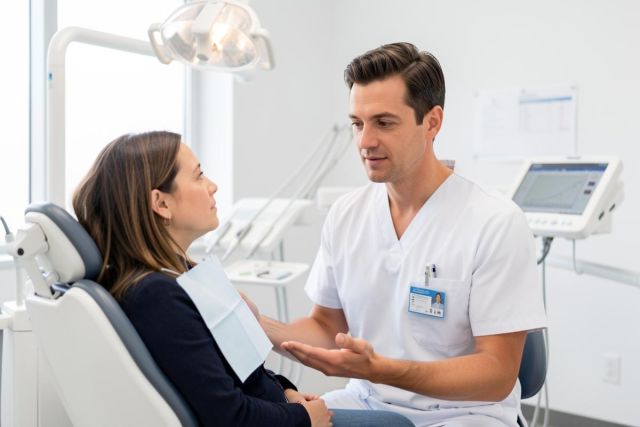 Dentist in white scrubs consulting a seated patient in a bright dental operatory, discussing oral care.