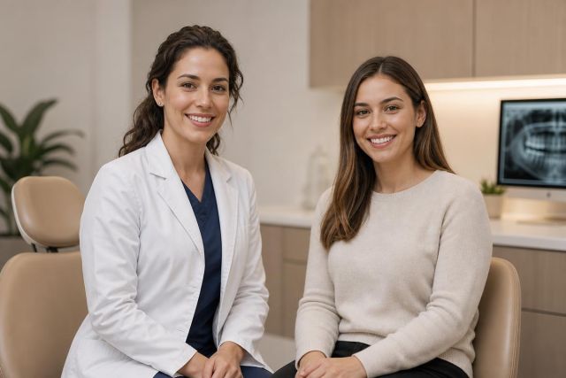 Dentist and patient smiling in a dental exam room with X-ray monitor.