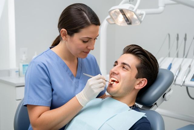 Dental hygienist in blue scrubs examining a young man's teeth in a modern clinic treatment chair.