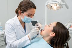 Dentist examines a patient's open mouth under a dental light, suggesting a discussion about tooth sensitivity.