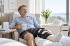 Middle-aged patient resting in a recovery chair with a knee brace and walker by window.