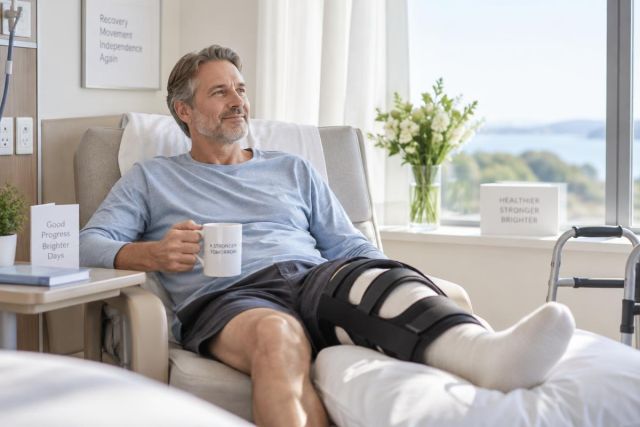 Middle-aged patient resting in a recovery chair with a knee brace and walker by window.