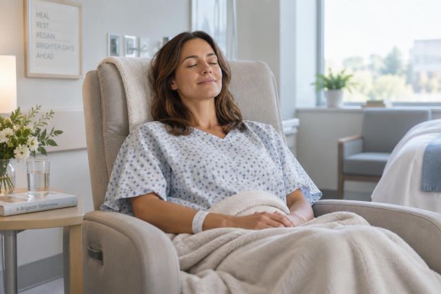 Relaxing post-surgery patient reclined in a calm hospital recovery room, eyes closed.