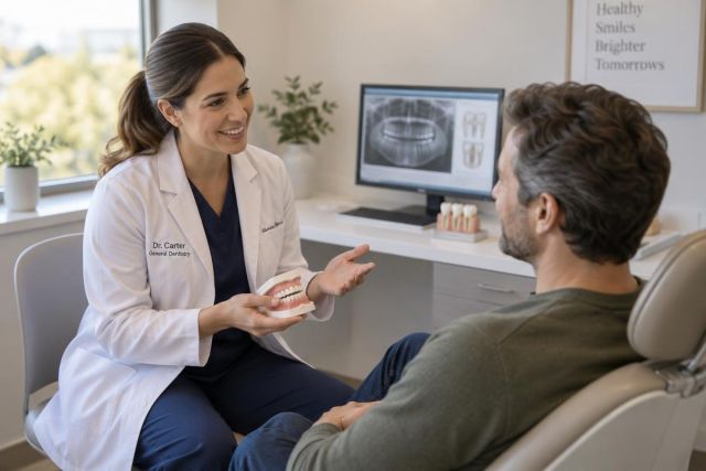 Dentist explaining dental implant and crown options to patient using tooth model in clinic
