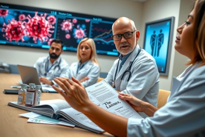 In a modern medical office, a group of doctors and medical professionals are gathered around a large desk. A man in the center appears to be leading the discussion while others listen attentively. The room is equipped with advanced technology including multiple monitors displaying data such as patient information and medical research findings. The atmosphere suggests a collaborative and professional environment focused on healthcare analysis and decision-making.