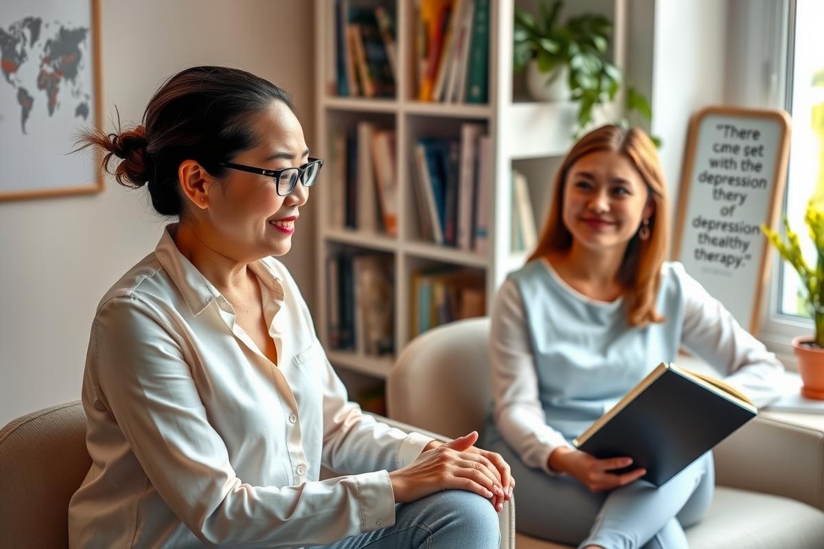 Two women are sitting on a couch in an office environment, engaged in conversation. The woman on the left is dressed in professional attire and has glasses. They are both smiling towards each other, suggesting a positive interaction. Books can be seen around them, indicating a reading or learning context. A sign with motivational phrases hangs on the wall behind them.