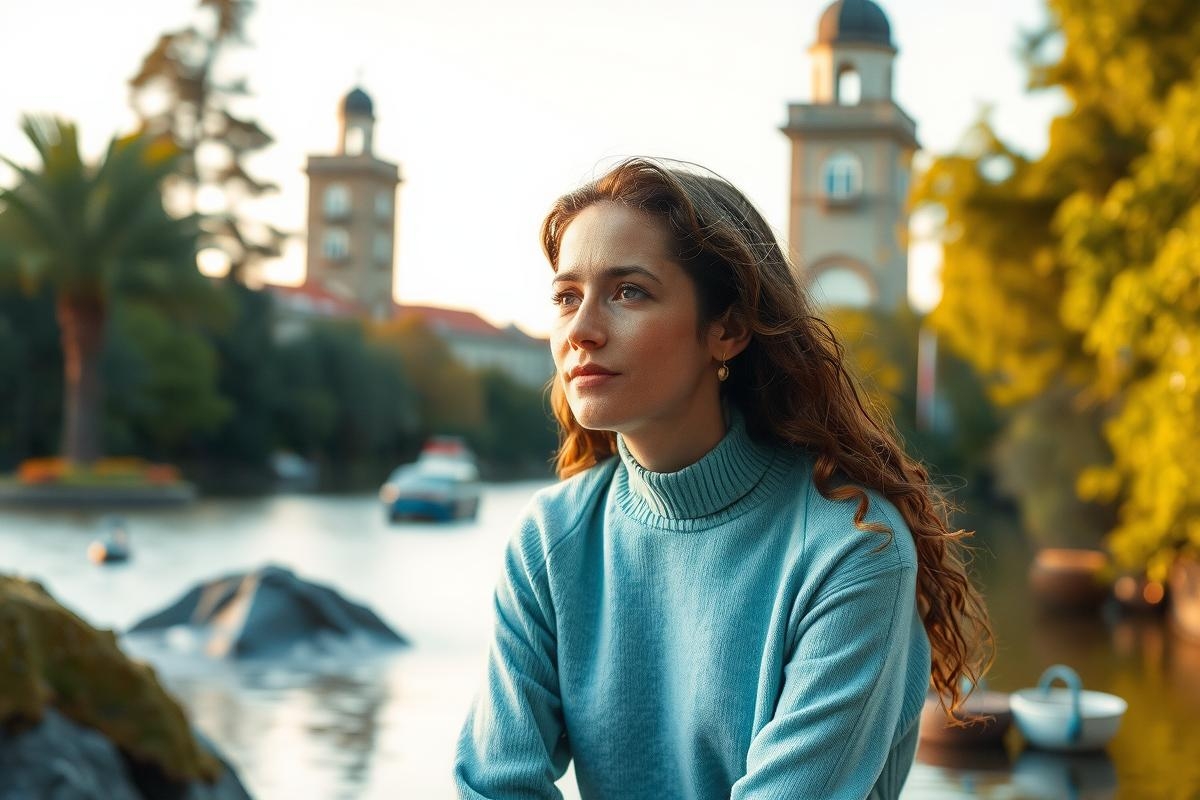 The image depicts a woman seated by a serene body of water. She is dressed in a light blue sweater. The environment suggests it might be late afternoon or early evening due to the warm hues and soft, diffused lighting. There are boats gently floating on the water nearby.