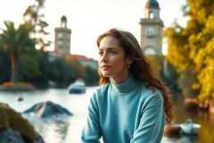 The image depicts a woman seated by a serene body of water. She is dressed in a light blue sweater. The environment suggests it might be late afternoon or early evening due to the warm hues and soft, diffused lighting. There are boats gently floating on the water nearby.