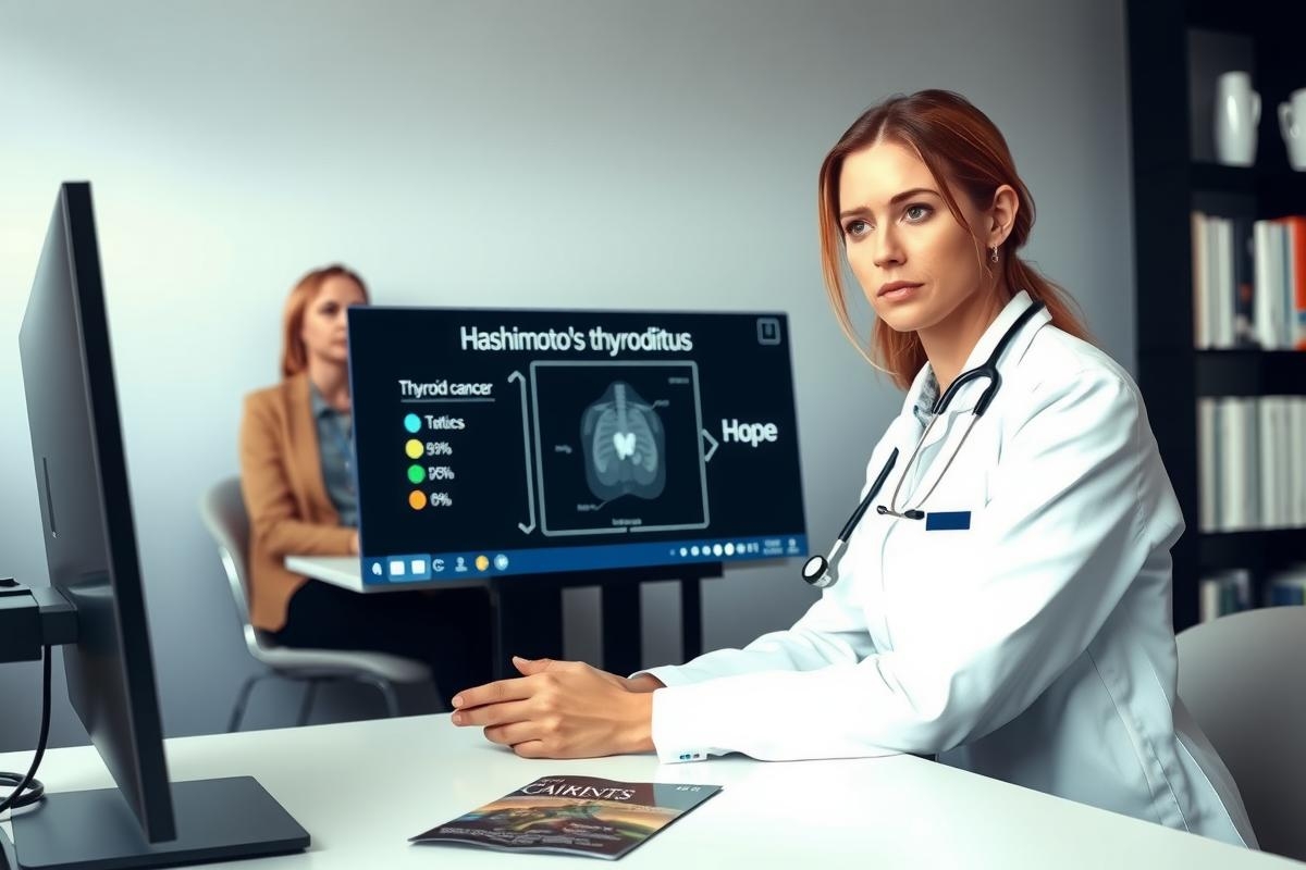 The image features a modern medical setting where a female doctor is providing consultation to a patient. The doctor, dressed in a professional white coat, stands with her back to the camera, engaged in conversation at a desk equipped with a computer monitor and a laptop.