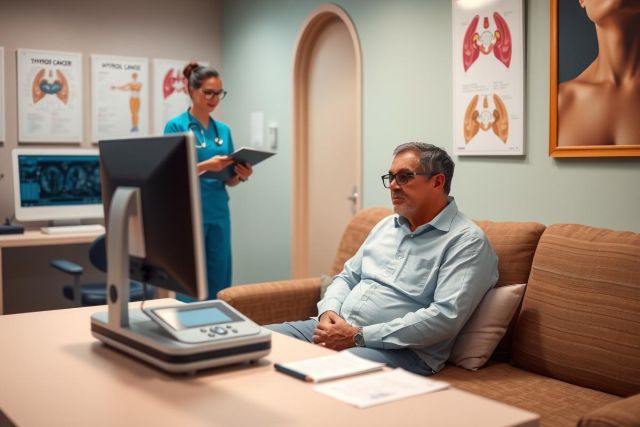 The image shows an indoor setting, likely a doctor's office. A man is seated on a couch facing a medical professional who appears to be conducting a health examination or consultation. The environment is equipped with medical equipment such as a monitor and a scale visible in the background. The overall scene suggests a patient visit to a primary care physician.