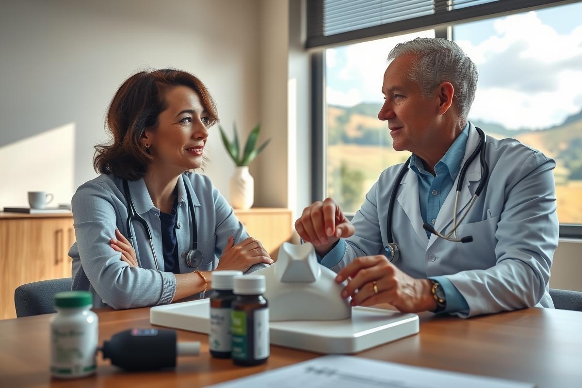 Two doctors, a man and a woman, are engaged in a professional discussion at their office desk. They are dressed in medical attire with white coats and stethoscopes around their necks. The office is well-lit with natural light coming through the window, suggesting an outdoor view of green trees beyond. The atmosphere seems collaborative and focused on patient care.