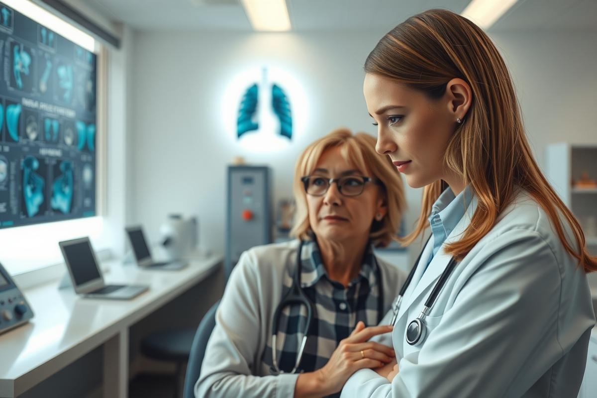 The image portrays a medical setting with two individuals in white coats, indicative of doctors or medical professionals. They are examining medical images on a computer screen, which is displaying cross-sectional views of human anatomy that could be from a CT scan.