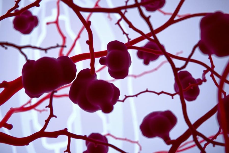 This image depicts a close-up view of blood vessels, likely from the circulatory system. The vascular structure is prominent with intricate networks of red cells and capillaries. The background has a purple hue which highlights the veins' complexity and texture.