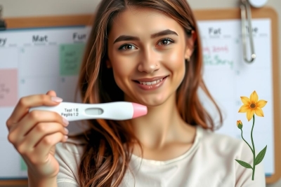 The image features a smiling woman holding up an over-the-counter pregnancy test. She is indoors, likely in a home setting, as indicated by the calendar and clipboard in the background. The overall tone of the image is joyful and celebratory, possibly related to an announcement of pregnancy.