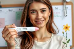 The image features a smiling woman holding up an over-the-counter pregnancy test. She is indoors, likely in a home setting, as indicated by the calendar and clipboard in the background. The overall tone of the image is joyful and celebratory, possibly related to an announcement of pregnancy.