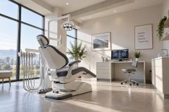 Modern dental operatory with treatment chair, instruments, panoramic x-ray on monitor and city view.