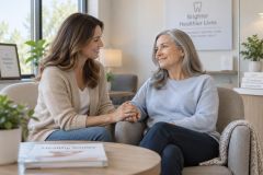 Two women holding hands in a calming dental clinic waiting area with smiling expressions.