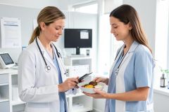 Two clinicians in a clinic discuss a bowl of food while one consults information on a smartphone.